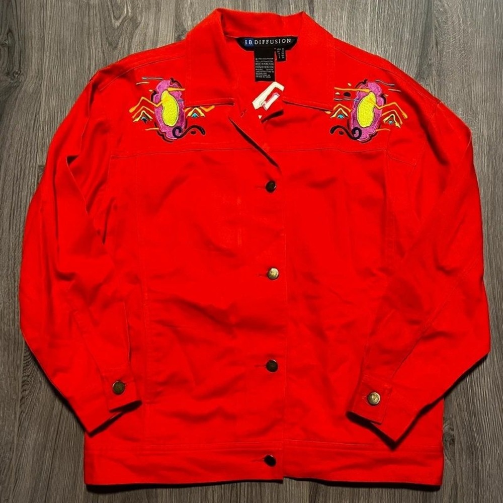 Vintage 1992 I.B. Diffusion Red Embroidered Cotton Jacket Women's Size 6